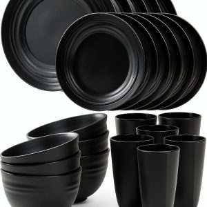Quatish 24 Piece Plates & Bowls Set for 6 – Unbreakable Black Plastic-0
