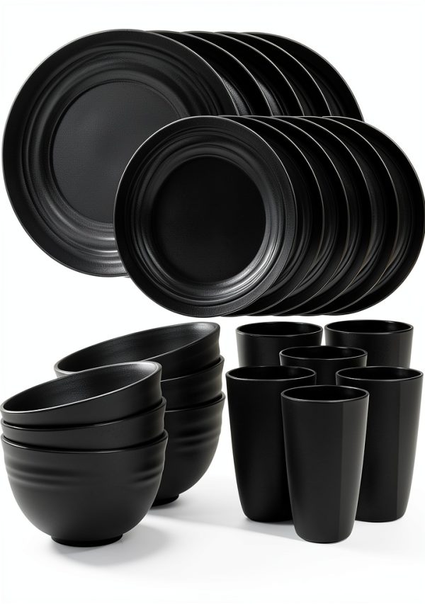 Quatish 24 Piece Plates & Bowls Set for 6 – Unbreakable Black Plastic-0