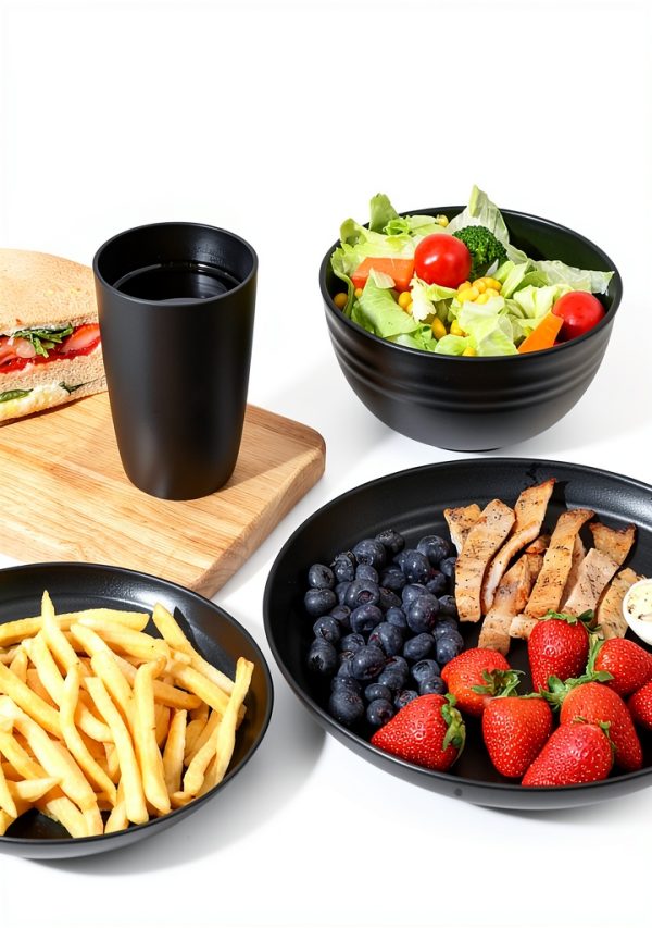 Quatish 24 Piece Plates & Bowls Set for 6 – Unbreakable Black Plastic-5